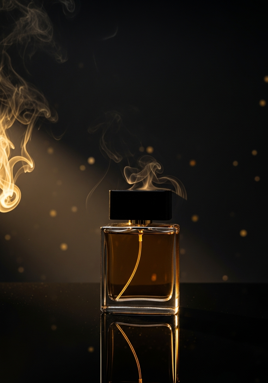 Designer cologne bottles on a dark wood vanity